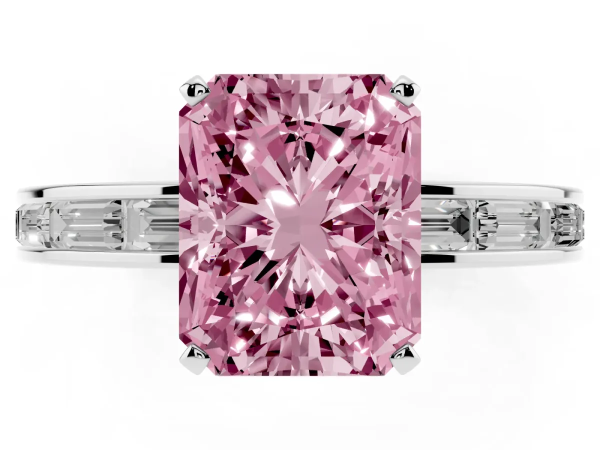 Fancy Pink Radiant Cut Solitaire Diamond Ring with Channel-Set Baguette Band and Four-Prong Setting Silver
