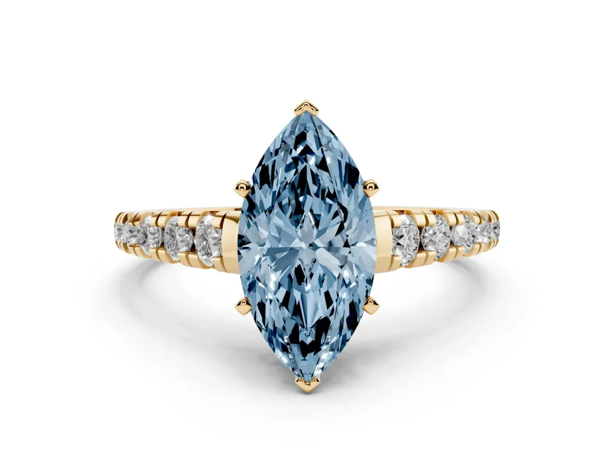 Fancy Blue Marquise Cut Diamond Cathedral Solitaire Ring with Round Pavé Band Yellow gold