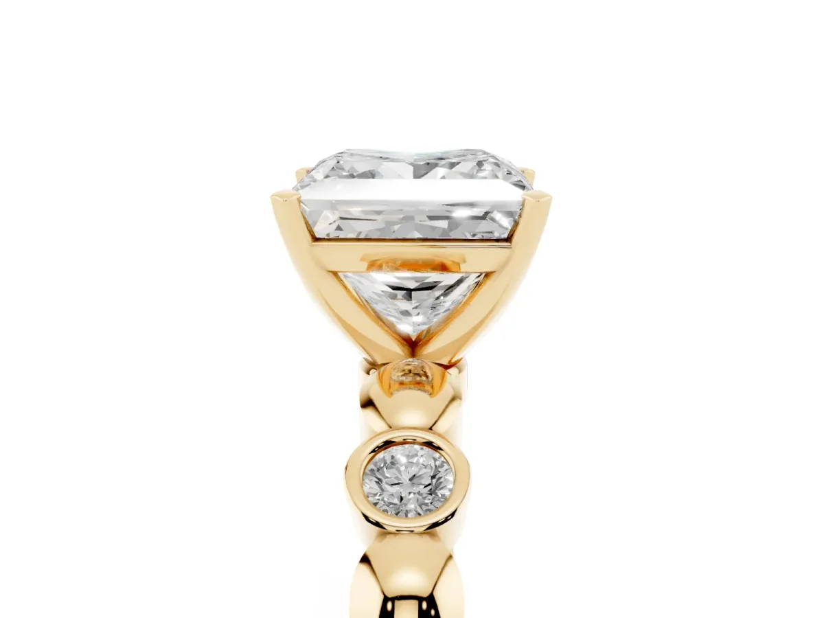 Princess Cut Solitaire Bezel-Set Diamond Ring with Beaded Band and Four-Prong Setting Yellow gold