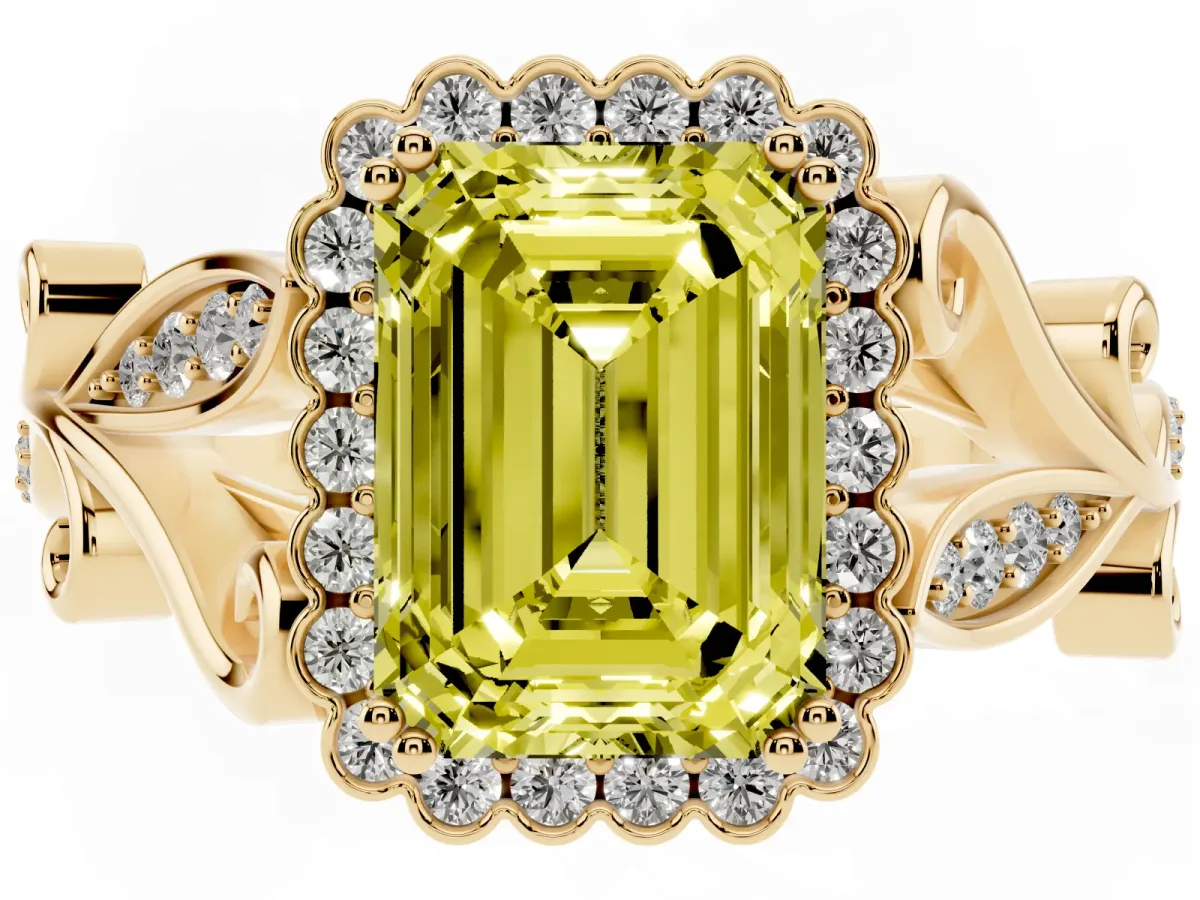 Fancy Yellow Emerald Cut Diamond Halo Ring with Vintage Split Shank and Four-Prong Setting Yellow gold