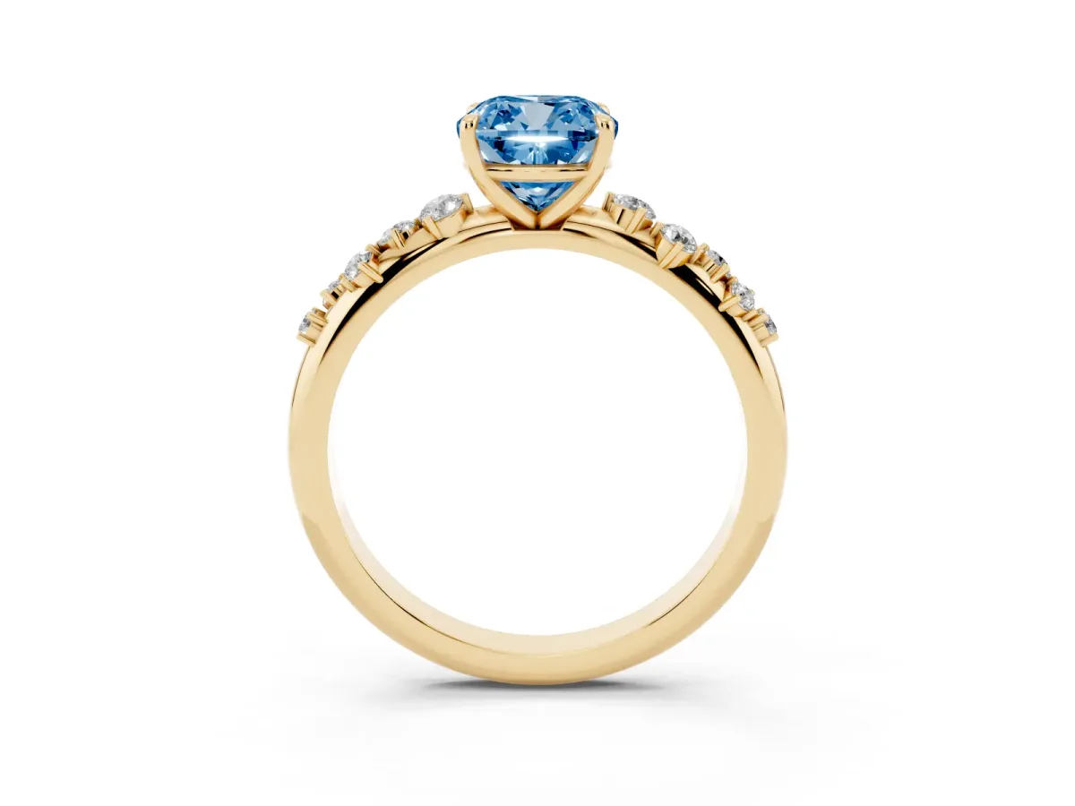 Fancy Blue Cushion Cut Diamond Cluster Prong-Set Solitaire Ring Yellow gold