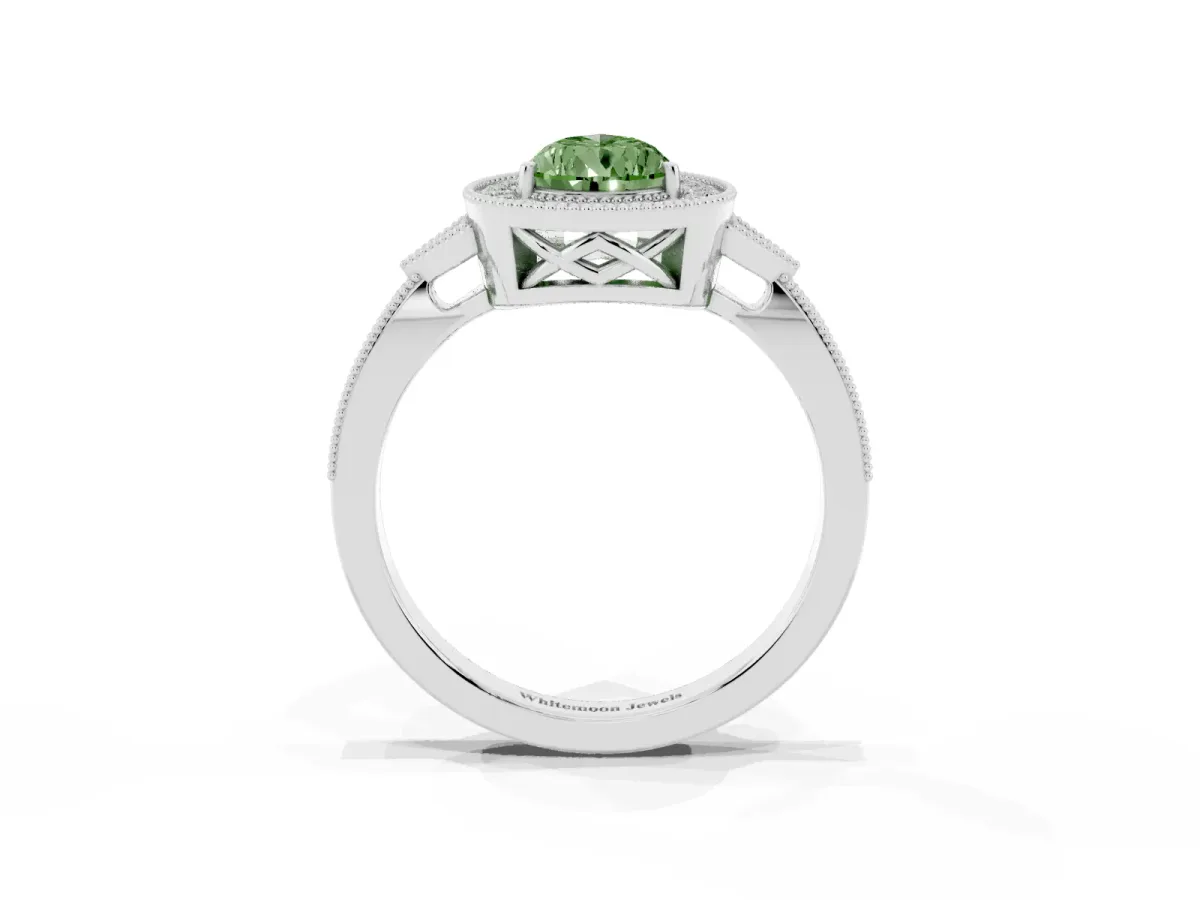 Fancy Green Pear Cut Halo Round Diamond Milgrain Pave Engagement Ring White gold