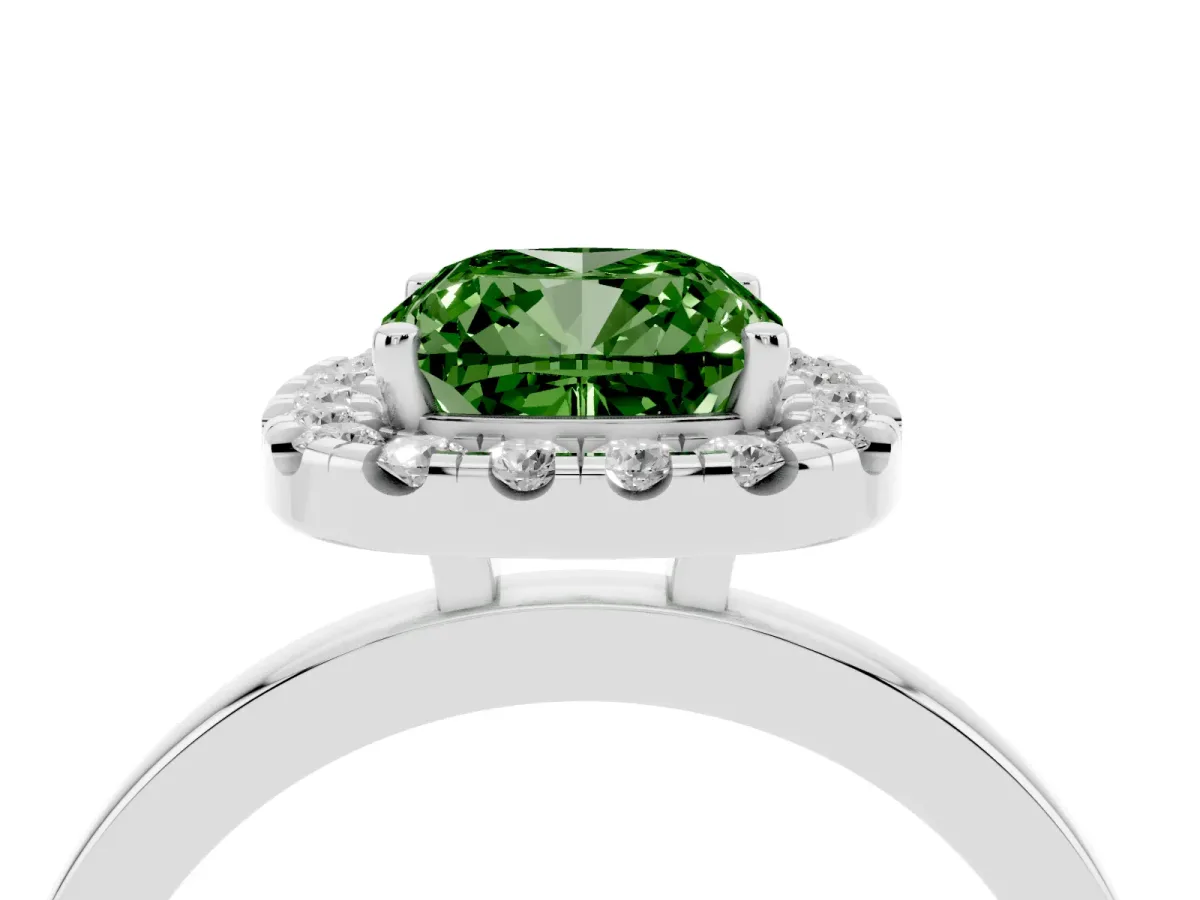 Fancy Green Cushion Cut Halo Diamond Solitaire with Pavé Band and Four-Prong Setting Silver