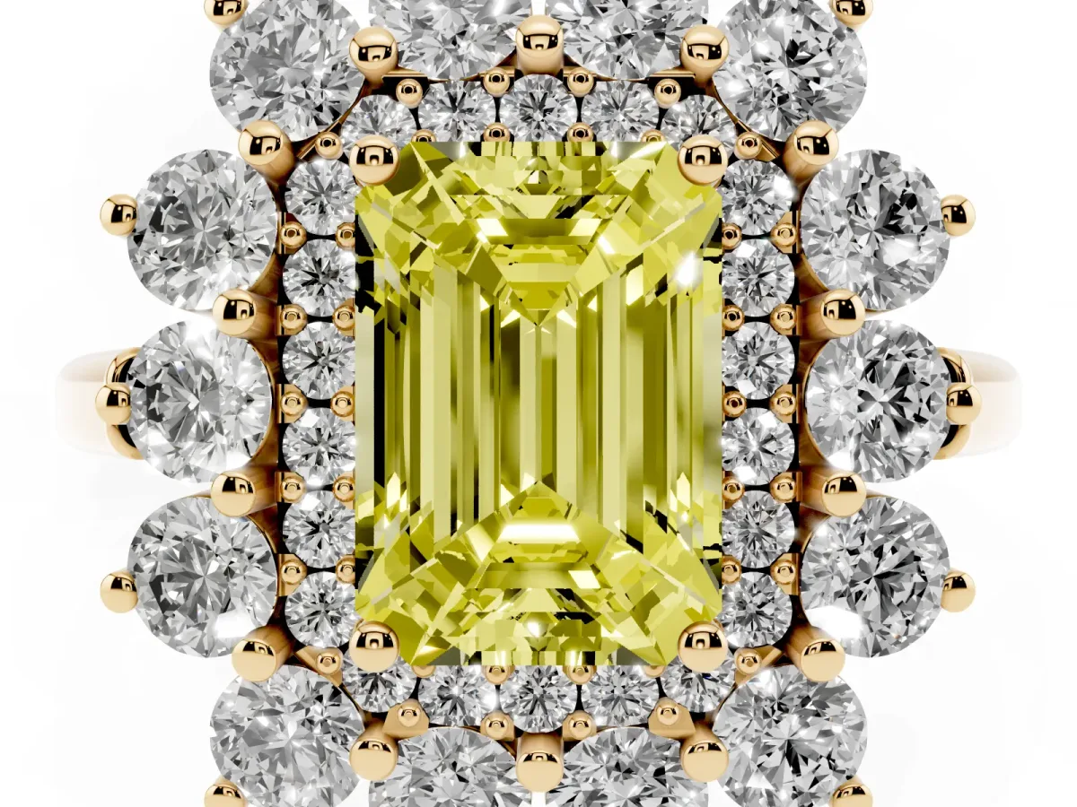 Fancy Yellow Emerald Cut Diamond Floral Double Halo Engagement Ring with Prong Setting Yellow gold