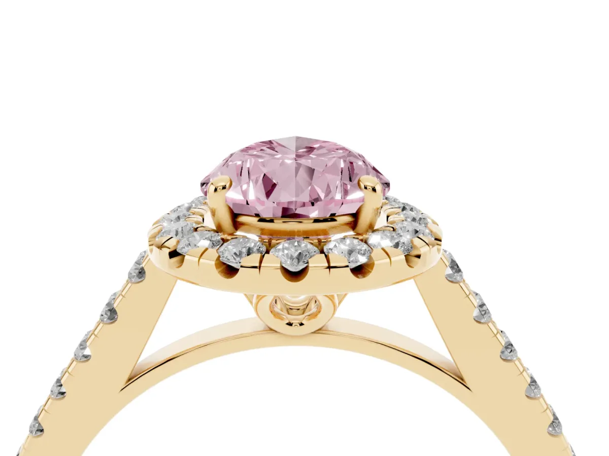 Fancy Pink Pear Cut Halo Pavé Diamond Engagement Ring with Four-Prong Setting Yellow gold