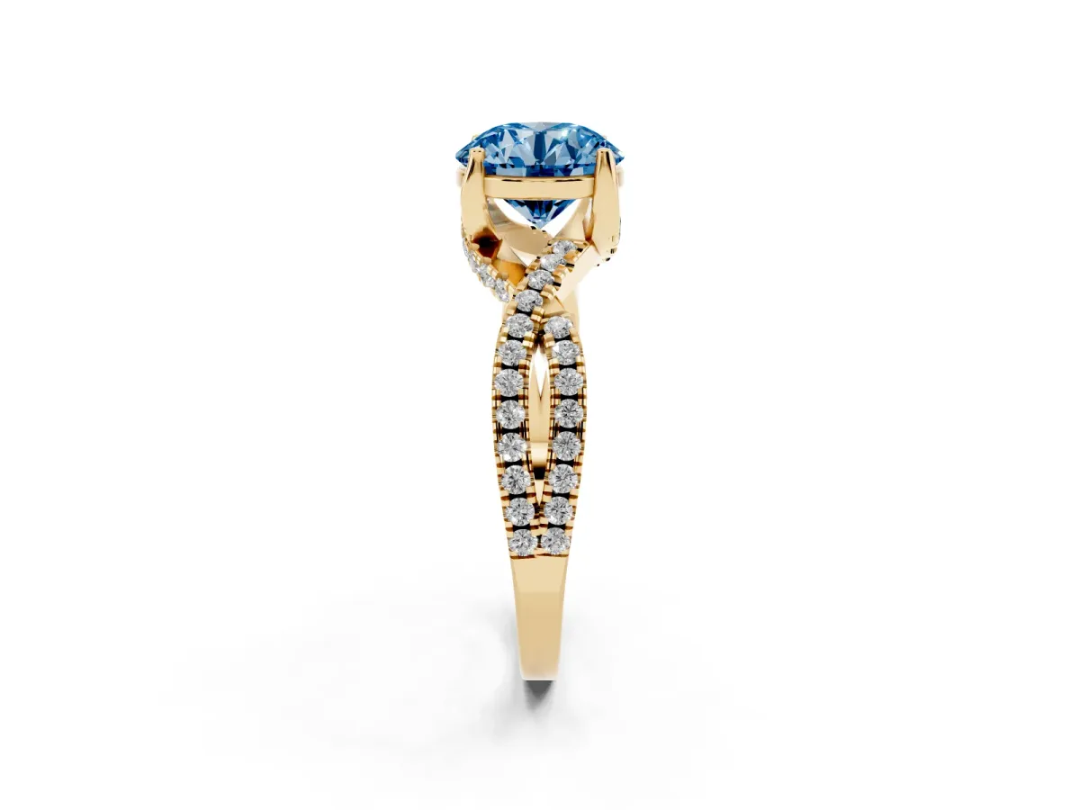 Fancy Blue Round Cut Solitaire Twist Pave Diamond Engagement Ring with Prong Setting Yellow gold