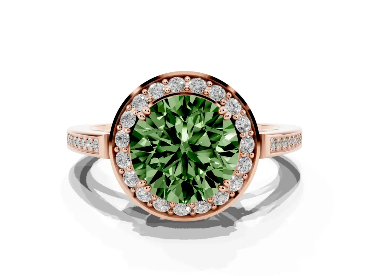 Fancy Green Round Cut Diamond Halo Ring with Split Shank and Four-Prong Setting Rose gold