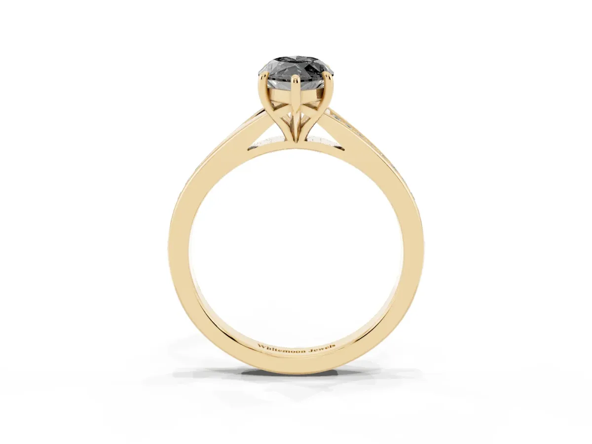 Fancy Black Marquise Cut Diamond Solitaire Ring with Pavé Band and Prong Setting Yellow gold