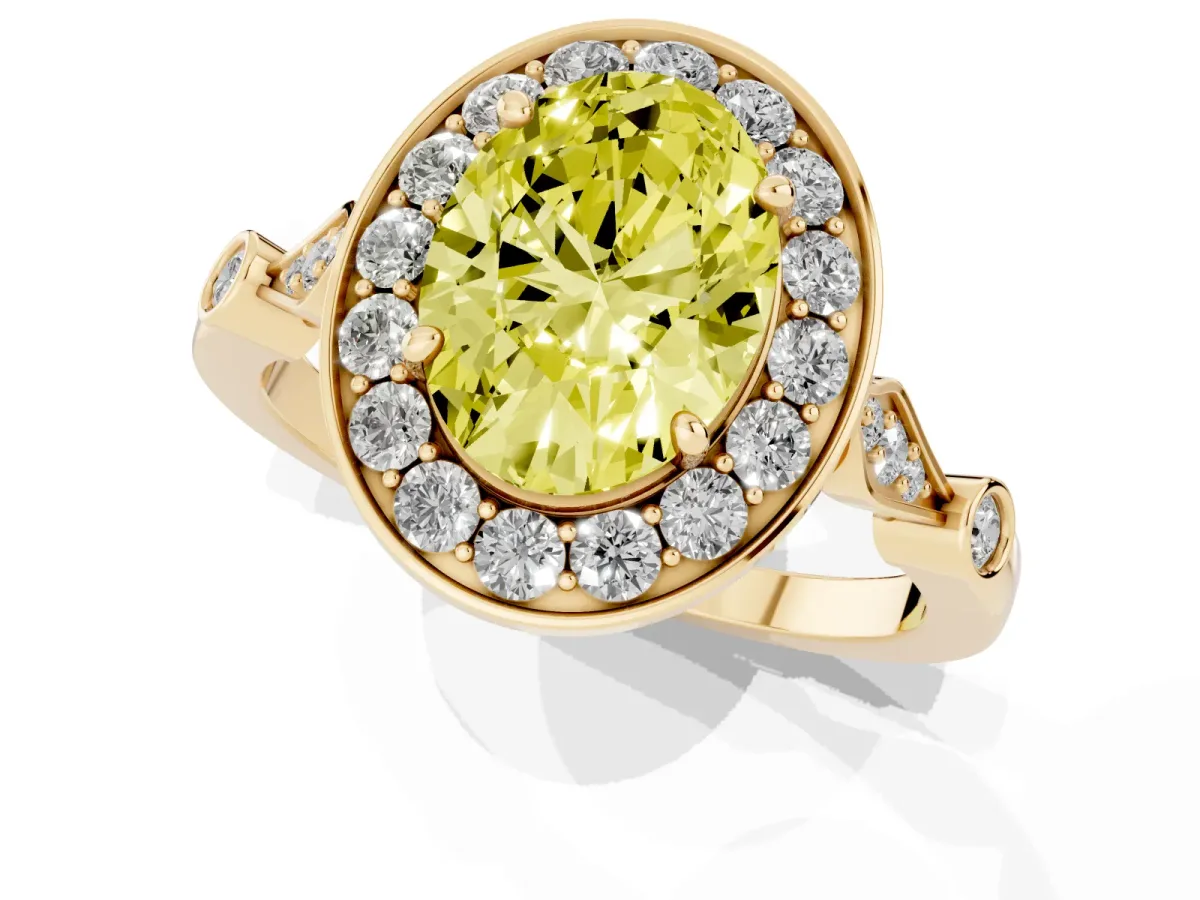 Fancy Yellow Oval Cut Halo Diamond Engagement Ring with Twisted Band and Four-Prong Setting Yellow gold