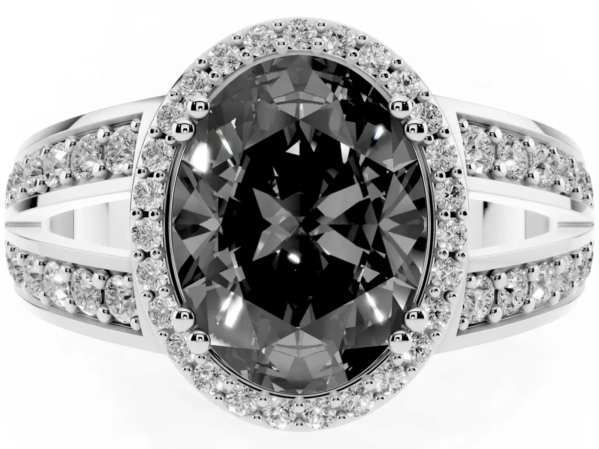 Fancy Black Oval Cut Diamond Halo Ring with Split Shank Pavé Band and Four-Prong Setting White gold