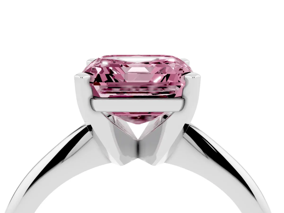 Fancy Pink Asscher Cut Cut Solitaire Ring with Four-Prong Setting on a Classic Band Silver