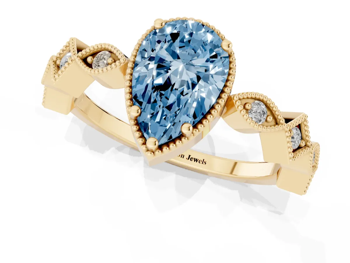Fancy Blue Pear Cut Milgrain Marquise Diamond Twist Band Ring Yellow gold