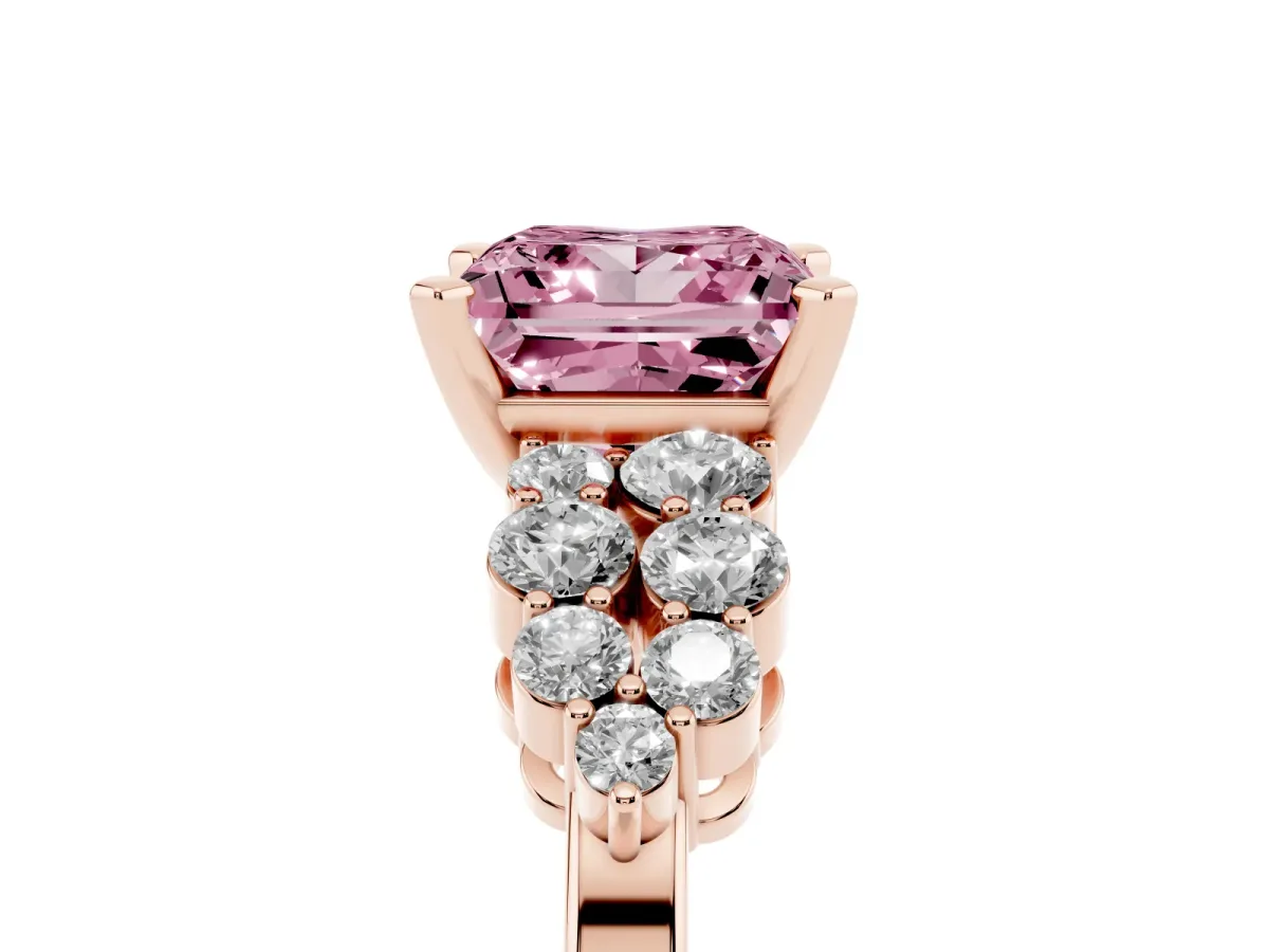 Fancy Pink Princess Cut Cluster Diamond Engagement Ring with Pavé Band and Four-Prong Setting Rose gold