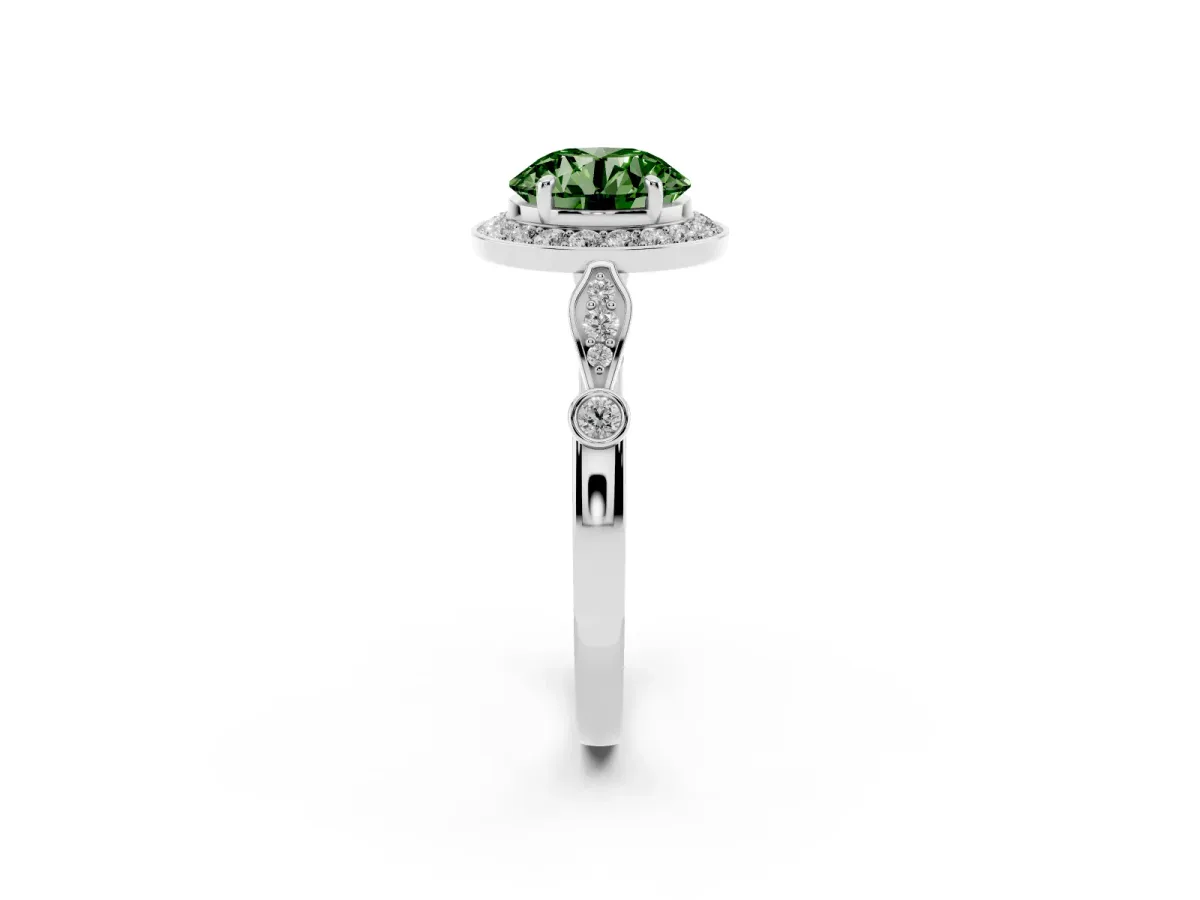Fancy Green Round Cut Halo Diamond Engagement Ring with Twisted Band and Four-Prong Setting Platinum