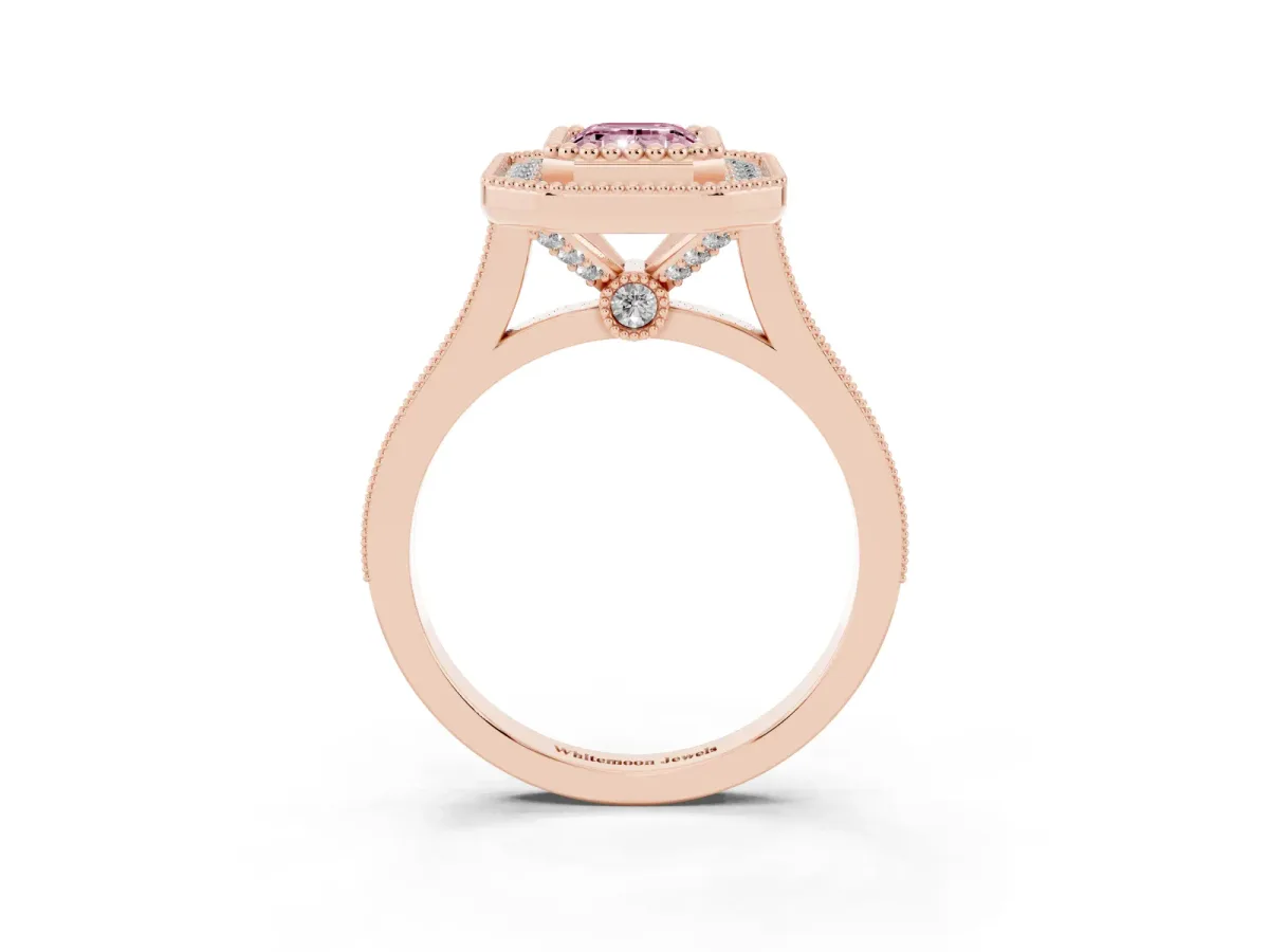 Fancy Pink Emerald Cut Diamond Halo Ring with Milgrain Frame and Pavé Band Rose gold