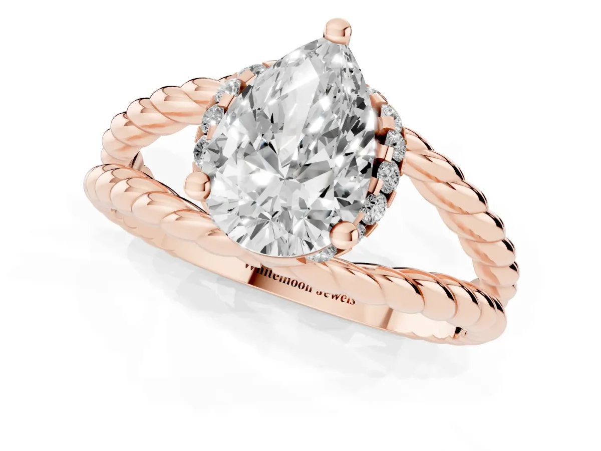Pear Cut Halo Twisted Band Four-Prong Ring Rose gold