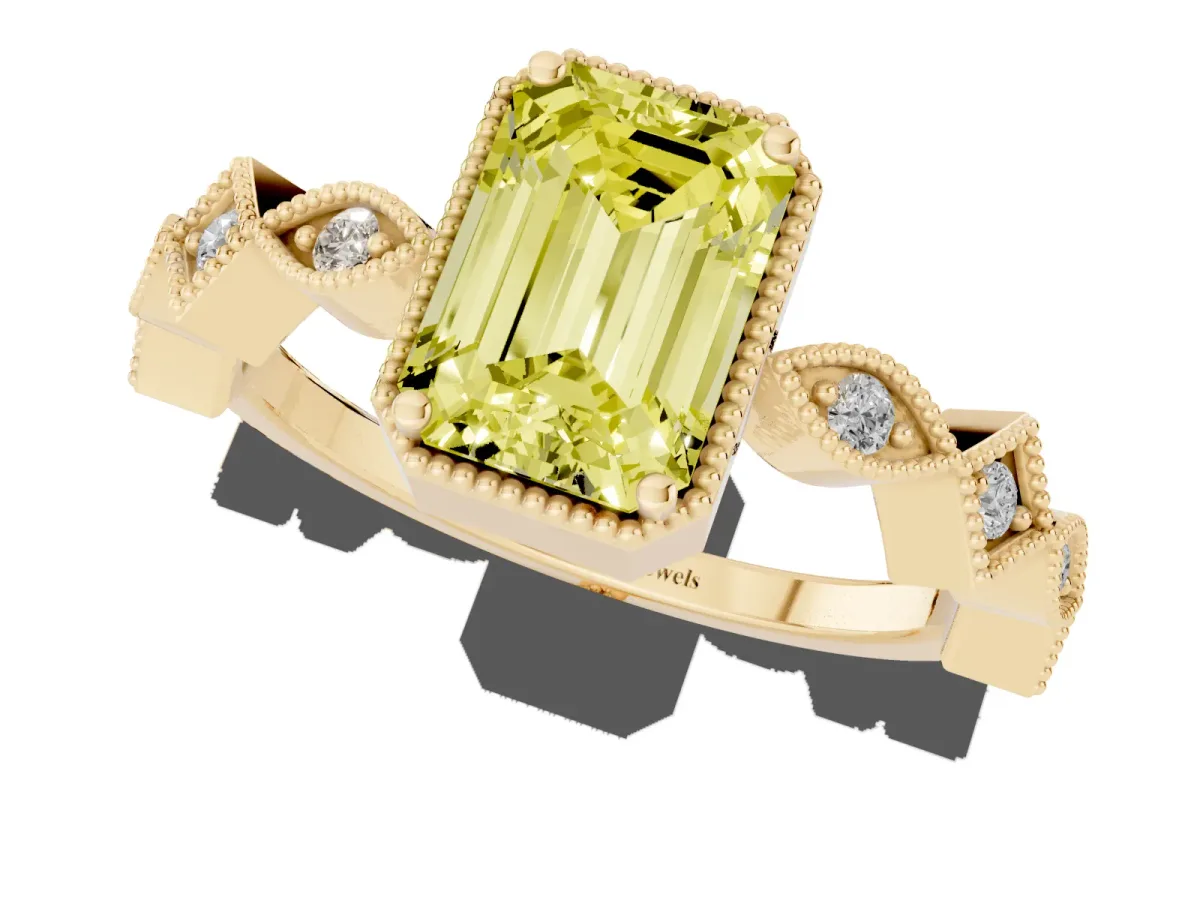 Fancy Yellow Emerald Cut Milgrain Marquise Diamond Twist Band Ring Yellow gold