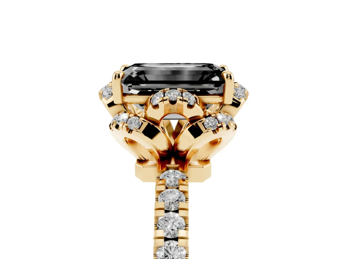 Fancy Black Emerald Cut Diamond Halo Pave Band with Four-Prong Setting Yellow gold