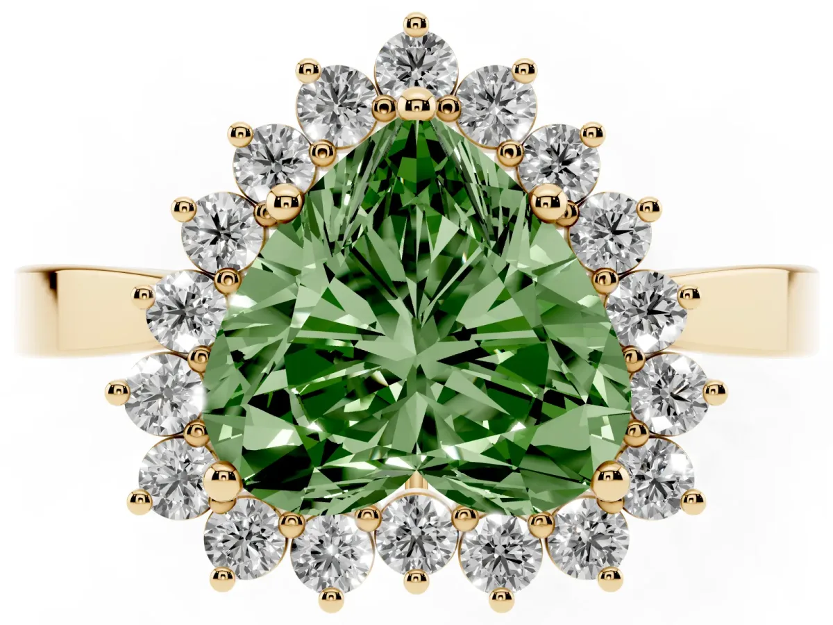 Fancy Green Heart Cut Cut Diamond Halo Ring with Round Brilliant Halo and Solitaire Band Yellow gold