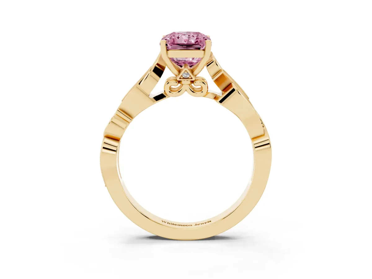 Fancy Pink Radiant Cut Solitaire Vine Band with Milgrain Prong Setting Yellow gold