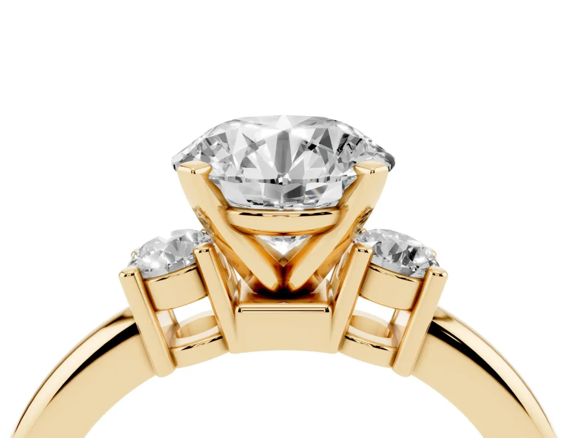 Three-Stone Round Cut Cut Diamond Solitaire with Prong Setting and Classic Band Yellow gold