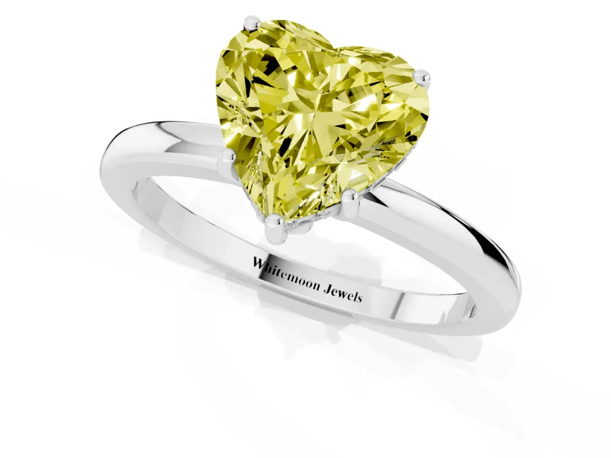 Fancy Yellow Heart Cut Solitaire Diamond Ring with Prong Setting and Plain Band Platinum