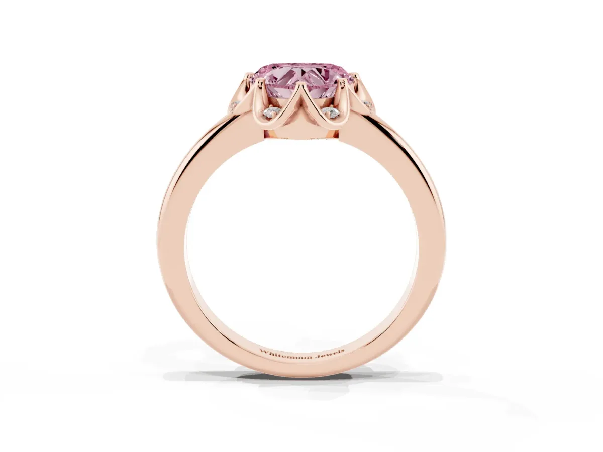 Fancy Pink Heart Cut Halo Diamond Ring with Round Cluster Setting, Solitaire Band, and Four-Prong Setting Rose gold