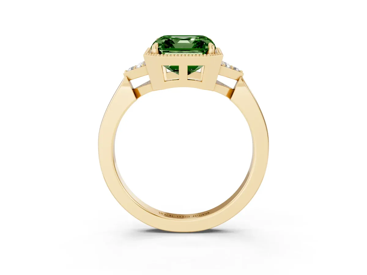 Fancy Green Hexagonal Halo Asscher Cut Diamond Solitaire with Pavé Band and Four-Prong Setting Yellow gold