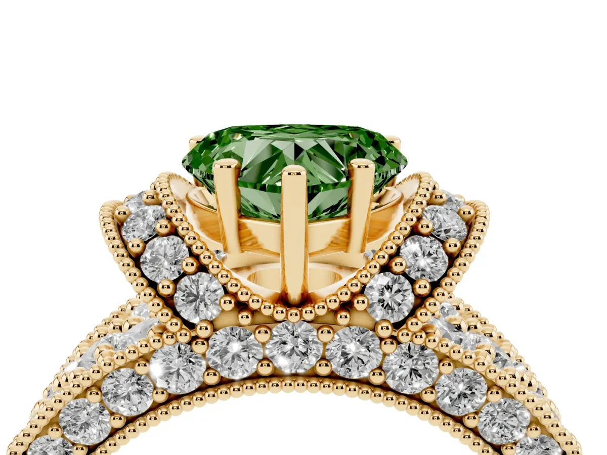 Fancy Green Heart Cut Halo Pave Diamond Engagement Ring with Milgrain Detailing Yellow gold