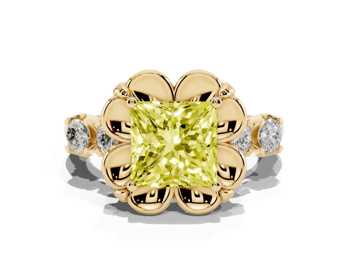 Fancy Yellow Princess Cut Cut Diamond Floral Halo Engagement Ring with Shared Prong Setting Yellow gold