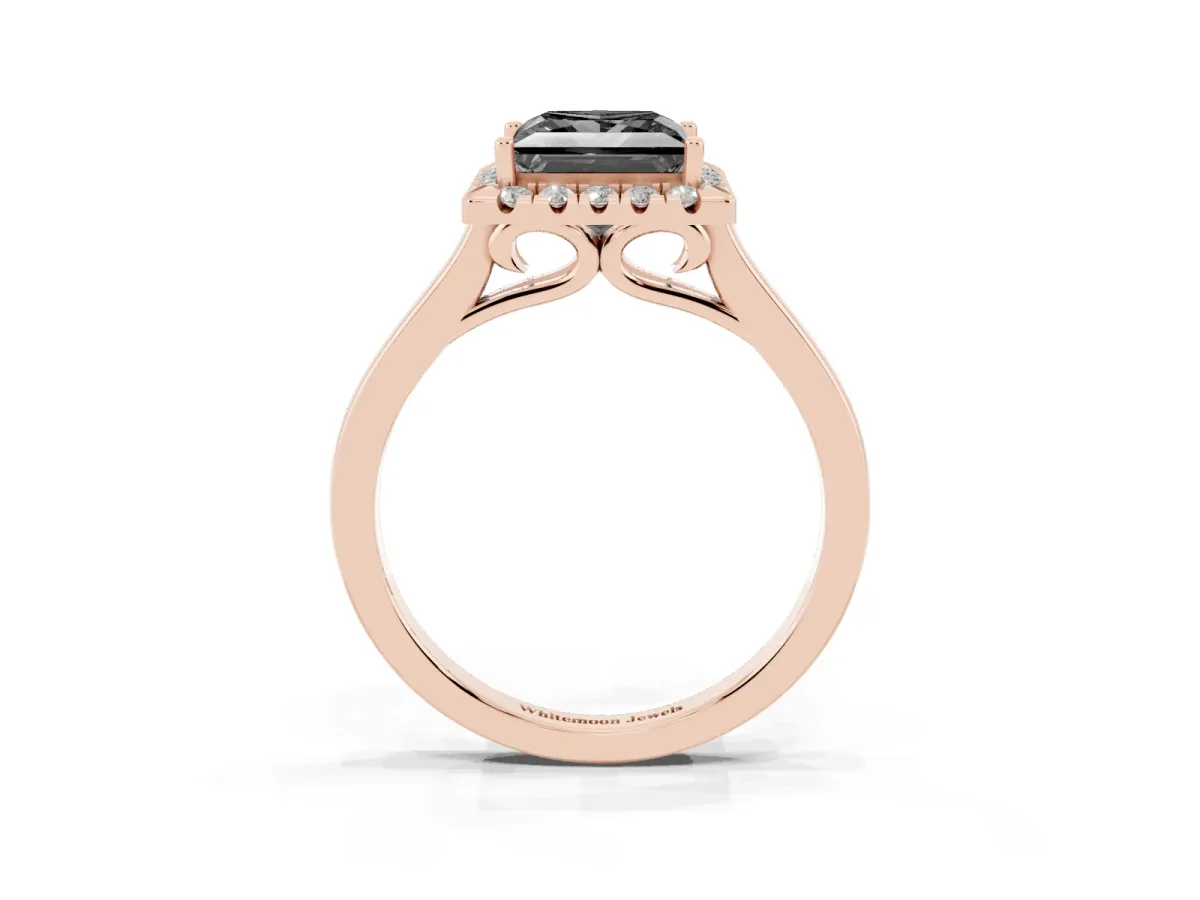 Fancy Black Princess Cut Halo Round Diamond Solitaire Ring with Pavé Band and Four-Prong Setting Rose gold