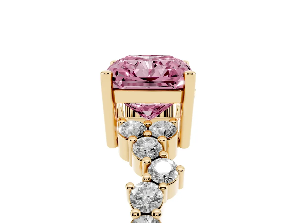 Fancy Pink Radiant Cut Diamond Scattered Round Accent Ring with Prong Setting Yellow gold