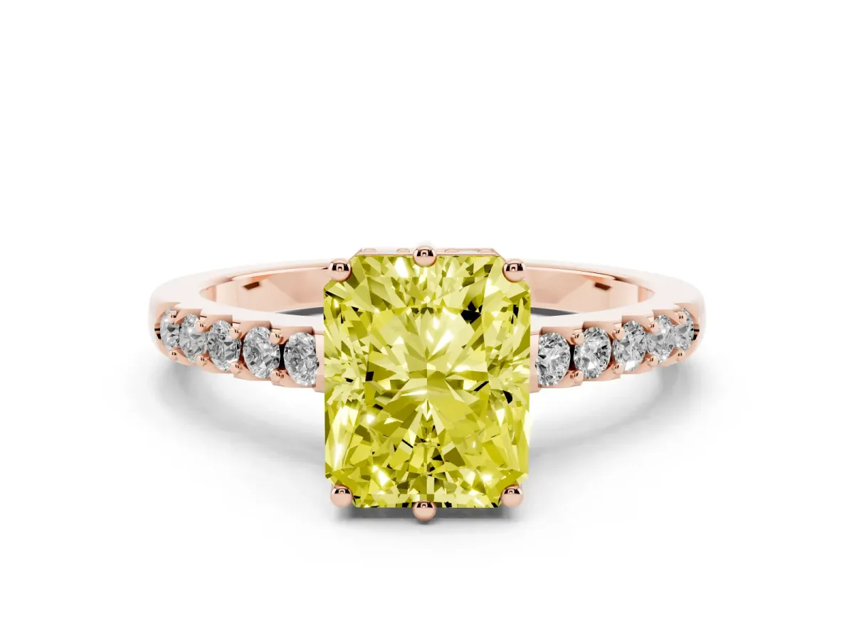Fancy Yellow Radiant Cut Solitaire Diamond Engagement Ring with Pavé Band and Six-Prong Setting Rose gold