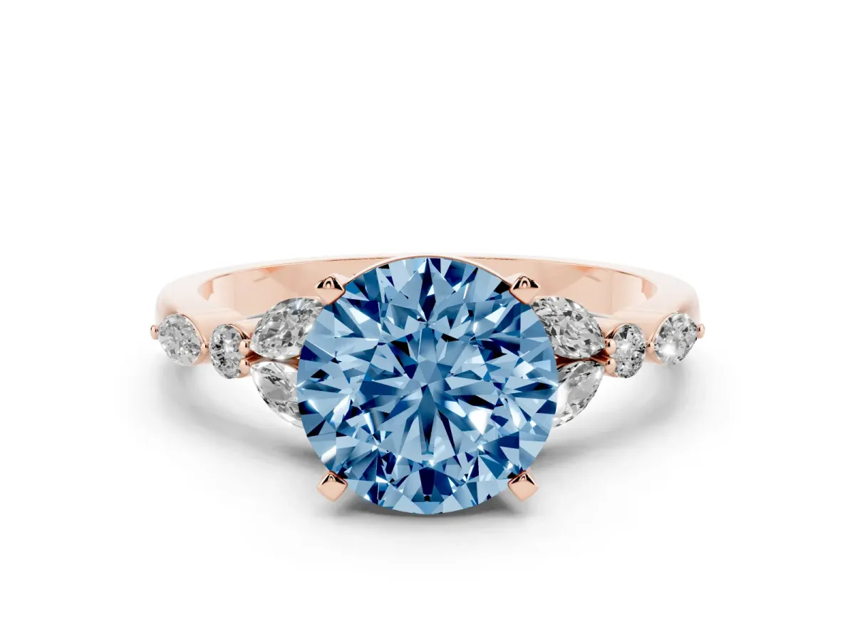 Fancy Blue Round Cut Diamond Solitaire Ring with Side Stones and Four-Prong Setting Rose gold