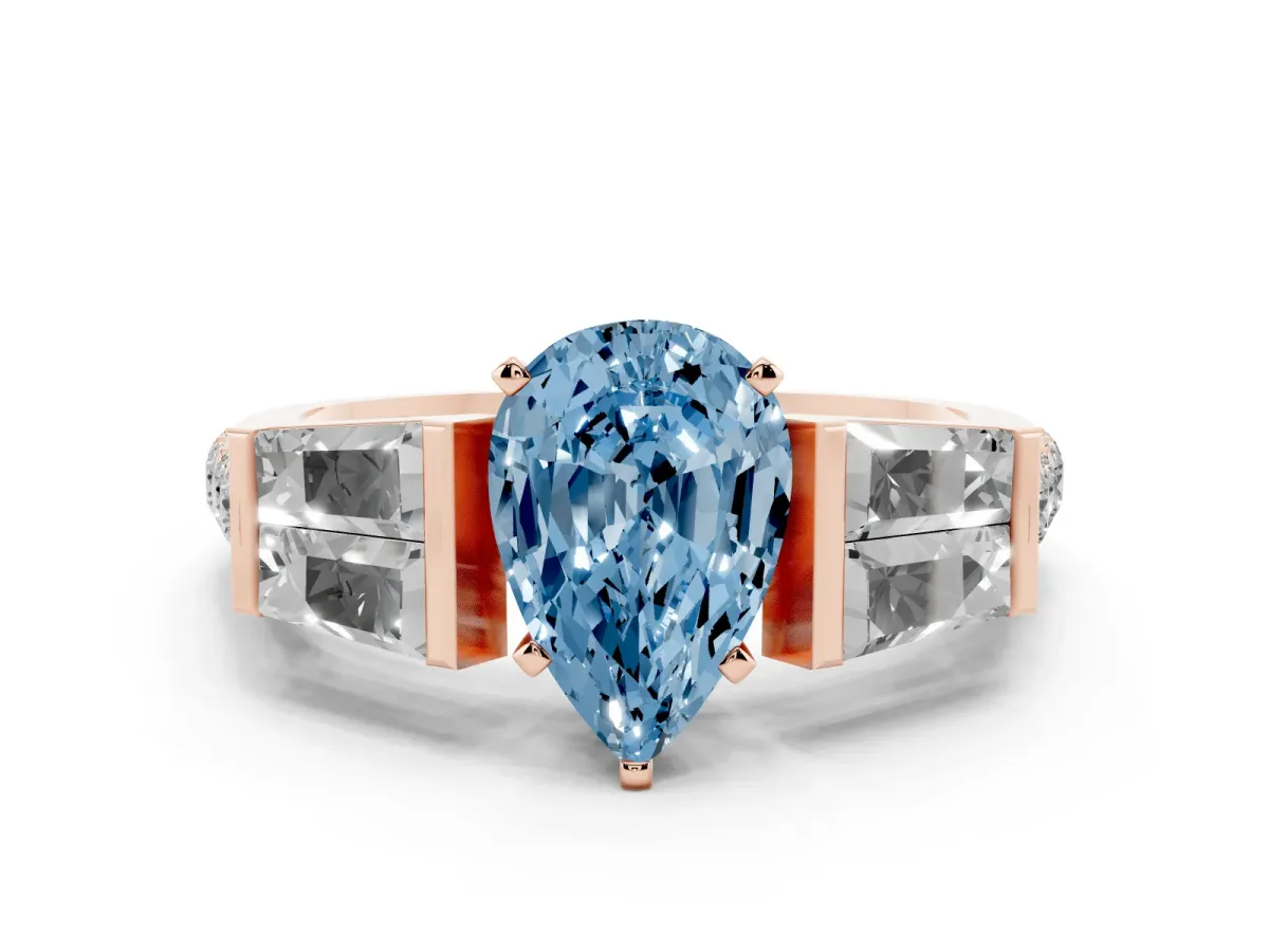 Fancy Blue Pear Cut Diamond Engagement Ring with Baguette Side Stones and Channel Set Band Rose gold
