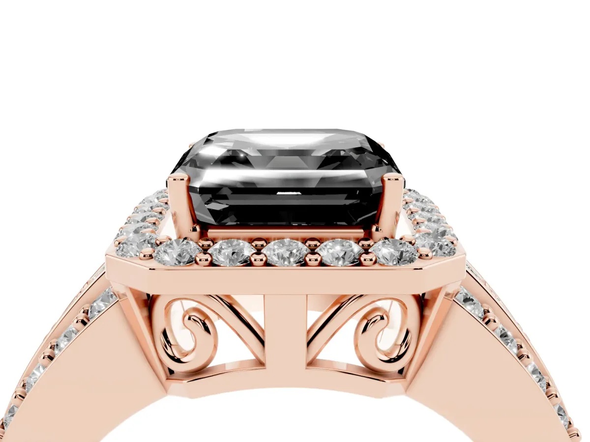 Fancy Black Asscher Cut Halo Diamond Ring with Round Split Shank and Prong Setting Rose gold