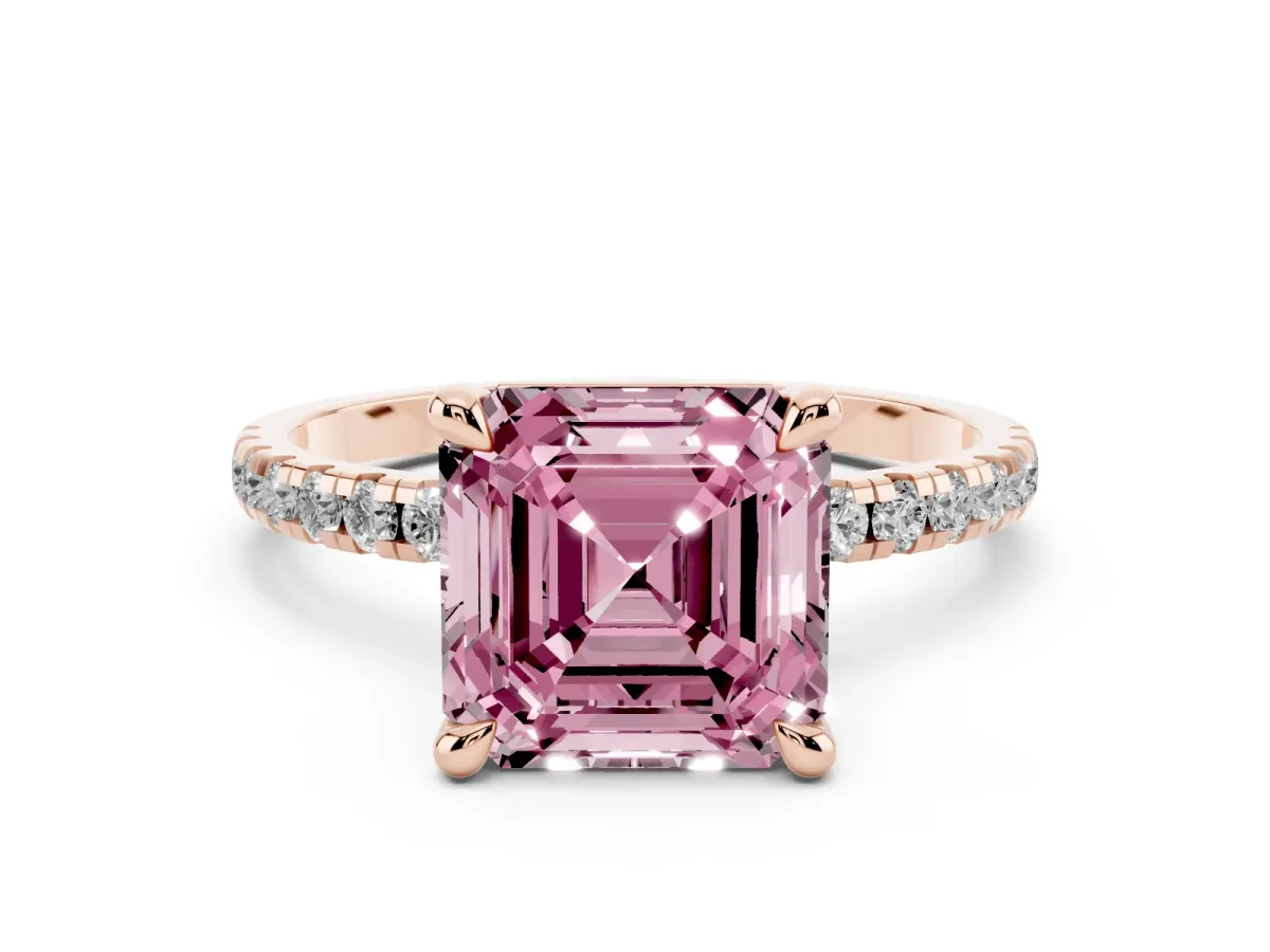 Fancy Pink Asscher Cut Diamond Brilliant Solitaire Ring with Pavé Band and Four-Prong Setting Rose gold