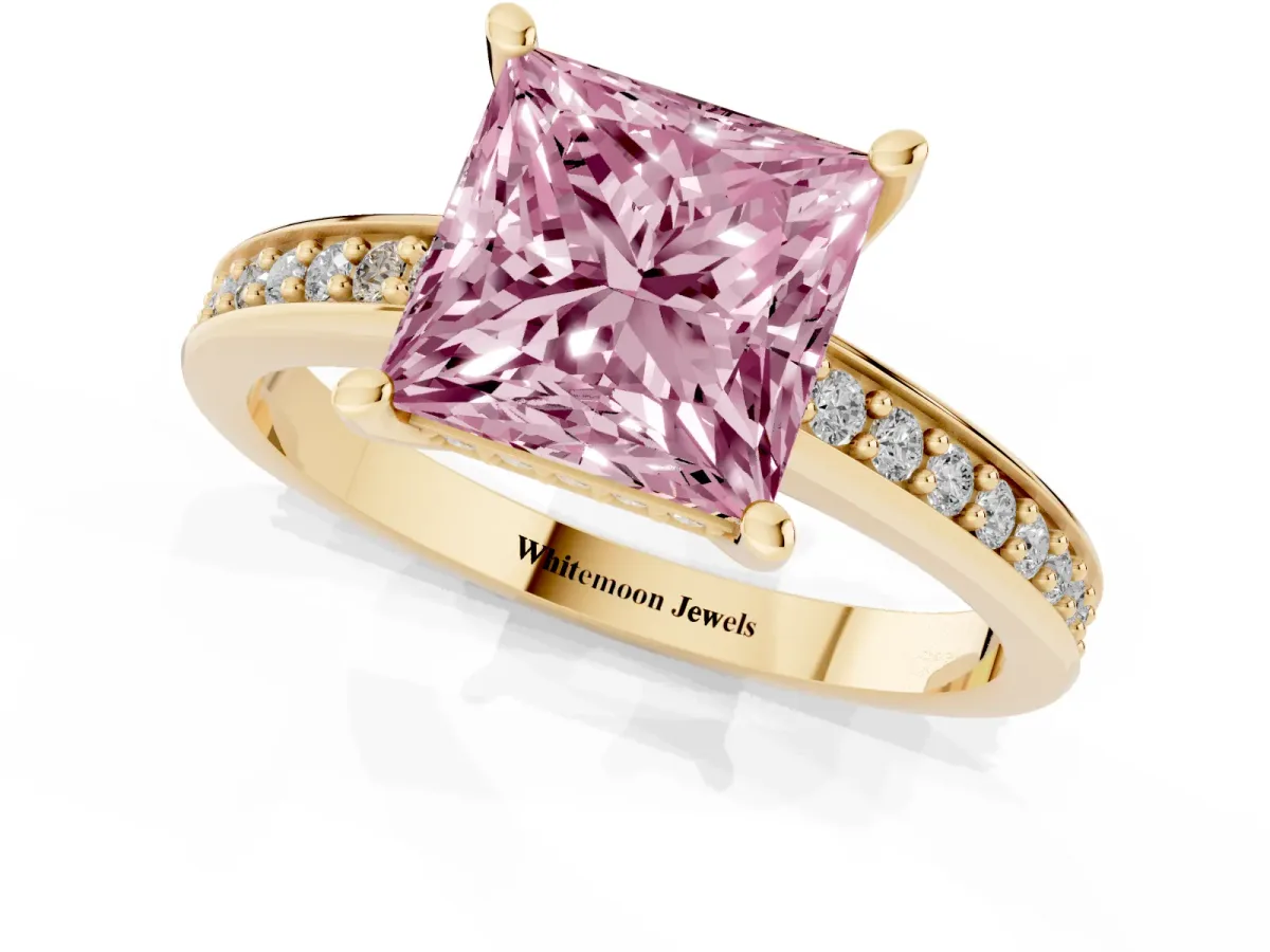 Fancy Pink Princess Cut Solitaire Pavé Band Prong Setting Ring Yellow gold