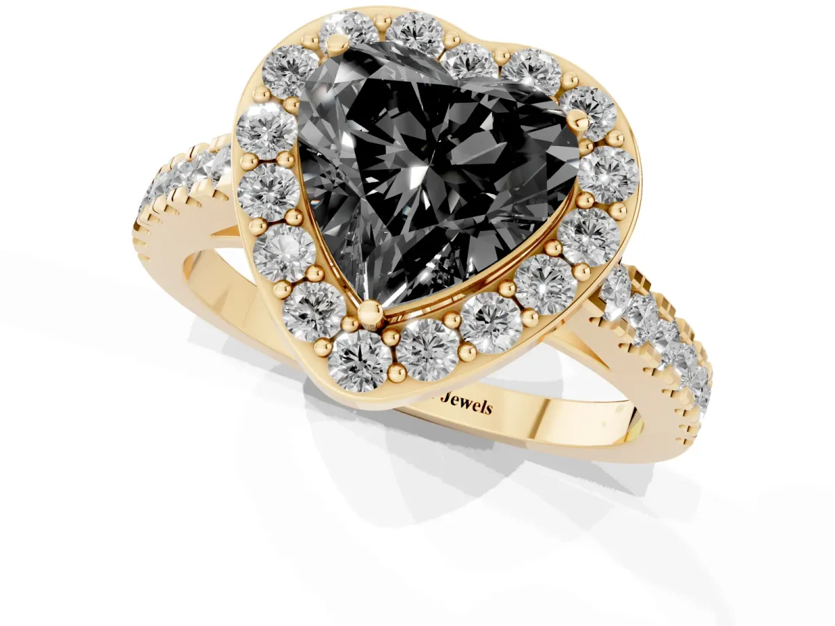 Fancy Black Heart Cut Diamond Halo Ring with Round Pavé Split Shank and Prong Setting Yellow gold