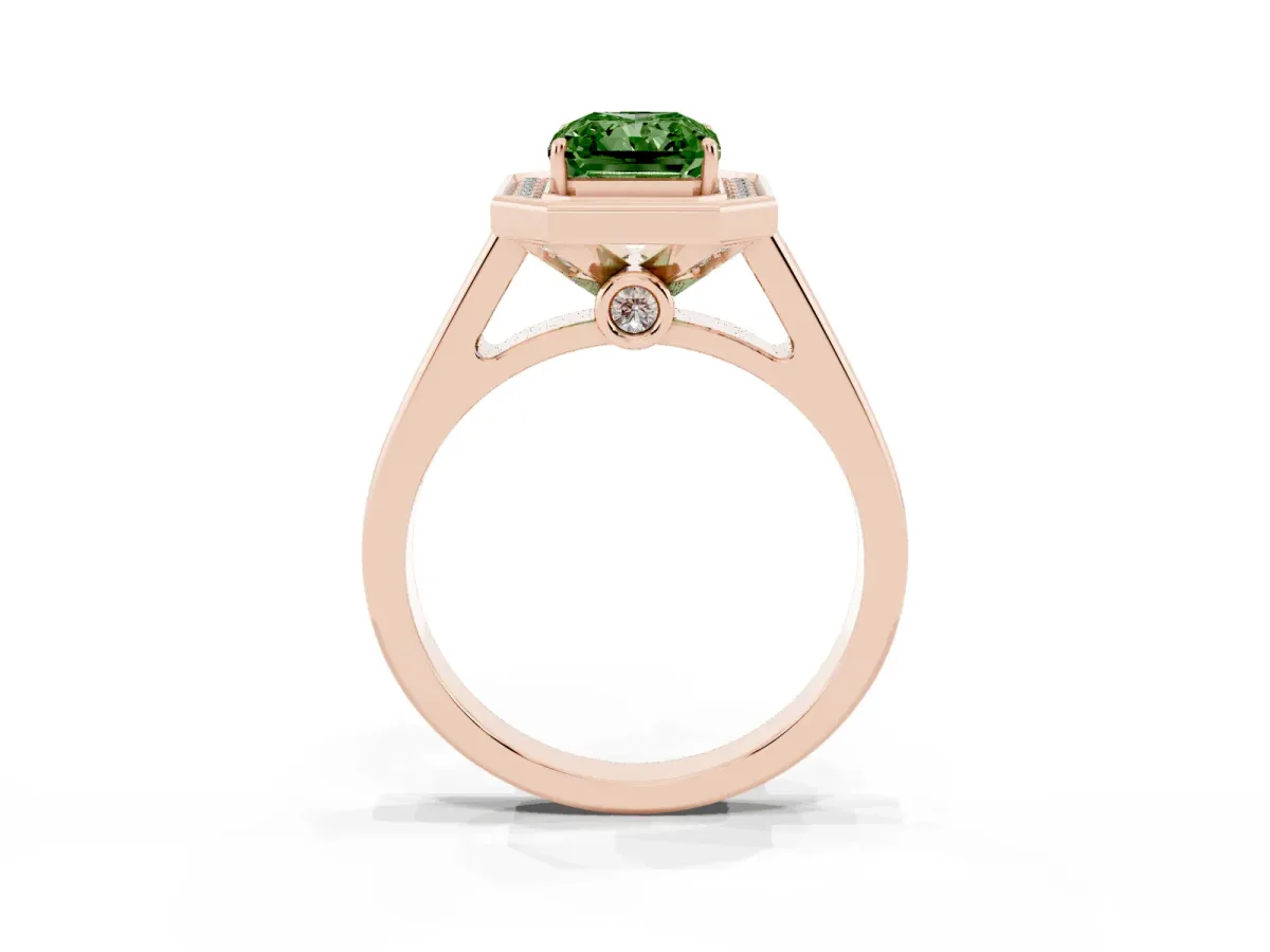 Fancy Green Emerald Cut Halo Solitaire Diamond Ring with Pave Band and Bezel Setting Rose gold