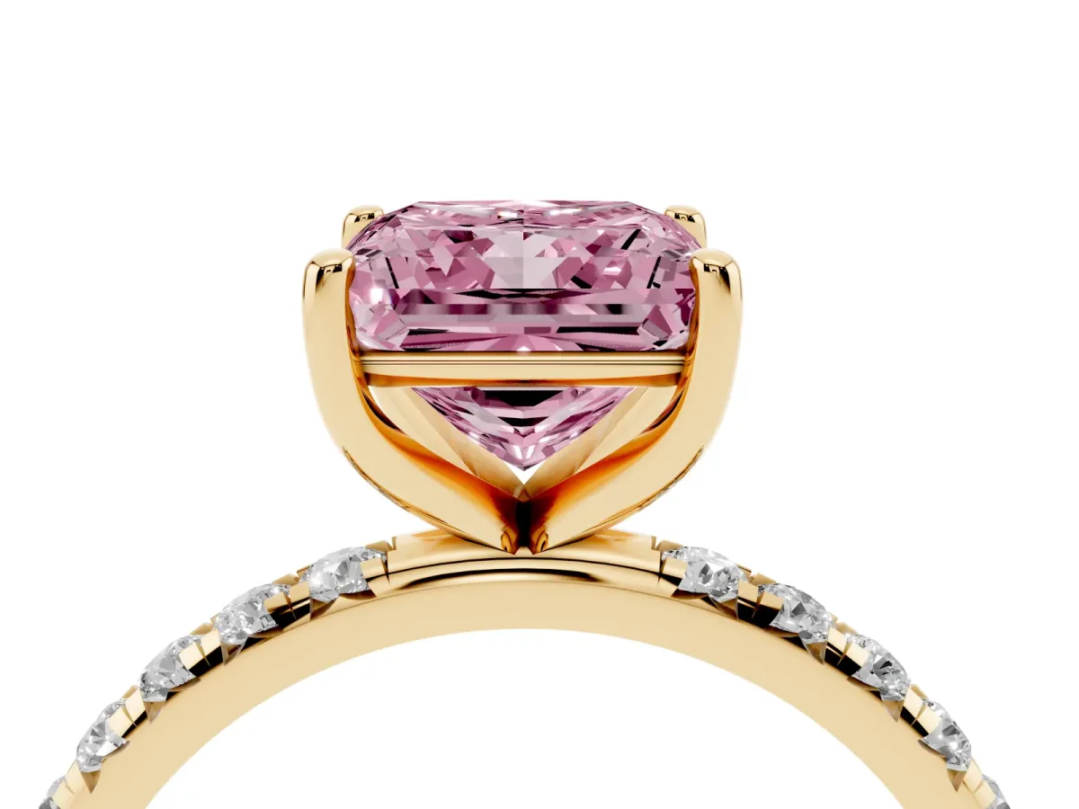 Fancy Pink Princess Cut Cut Diamond Solitaire Ring with Micro Pave Band and Four Prong Setting Yellow gold