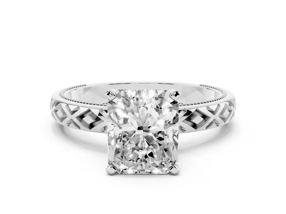 Radiant Cut Solitaire Diamond Ring with Milgrain and Black Enamel X Pattern Band Silver