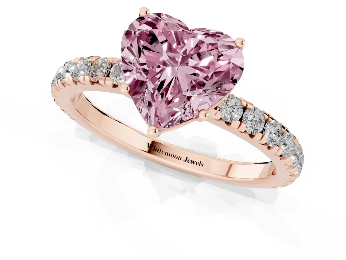 Fancy Pink Heart Cut Diamond Pavé Solitaire Engagement Ring with Four-Prong Setting Rose gold