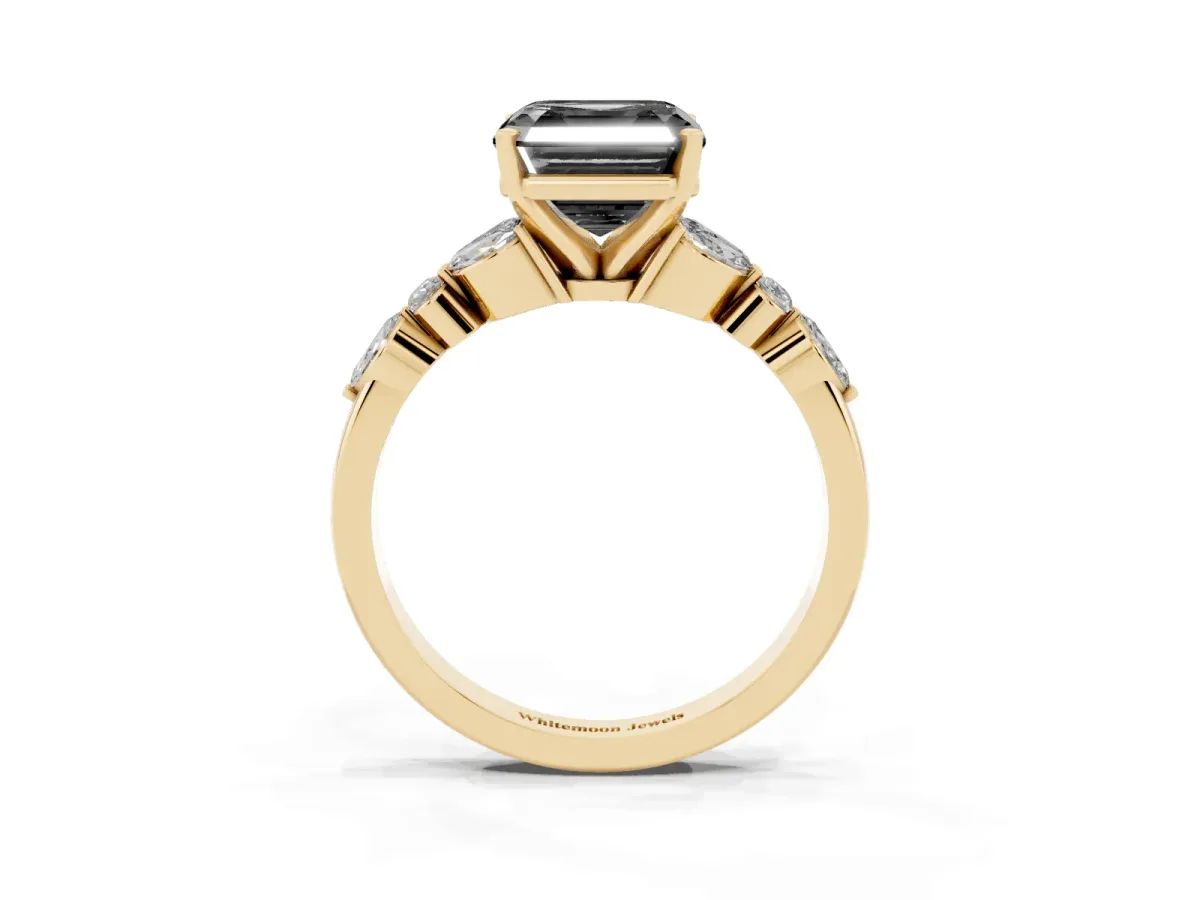 Fancy Black Asscher Cut Diamond Solitaire Ring with Side Stones and Four-Prong Setting Yellow gold