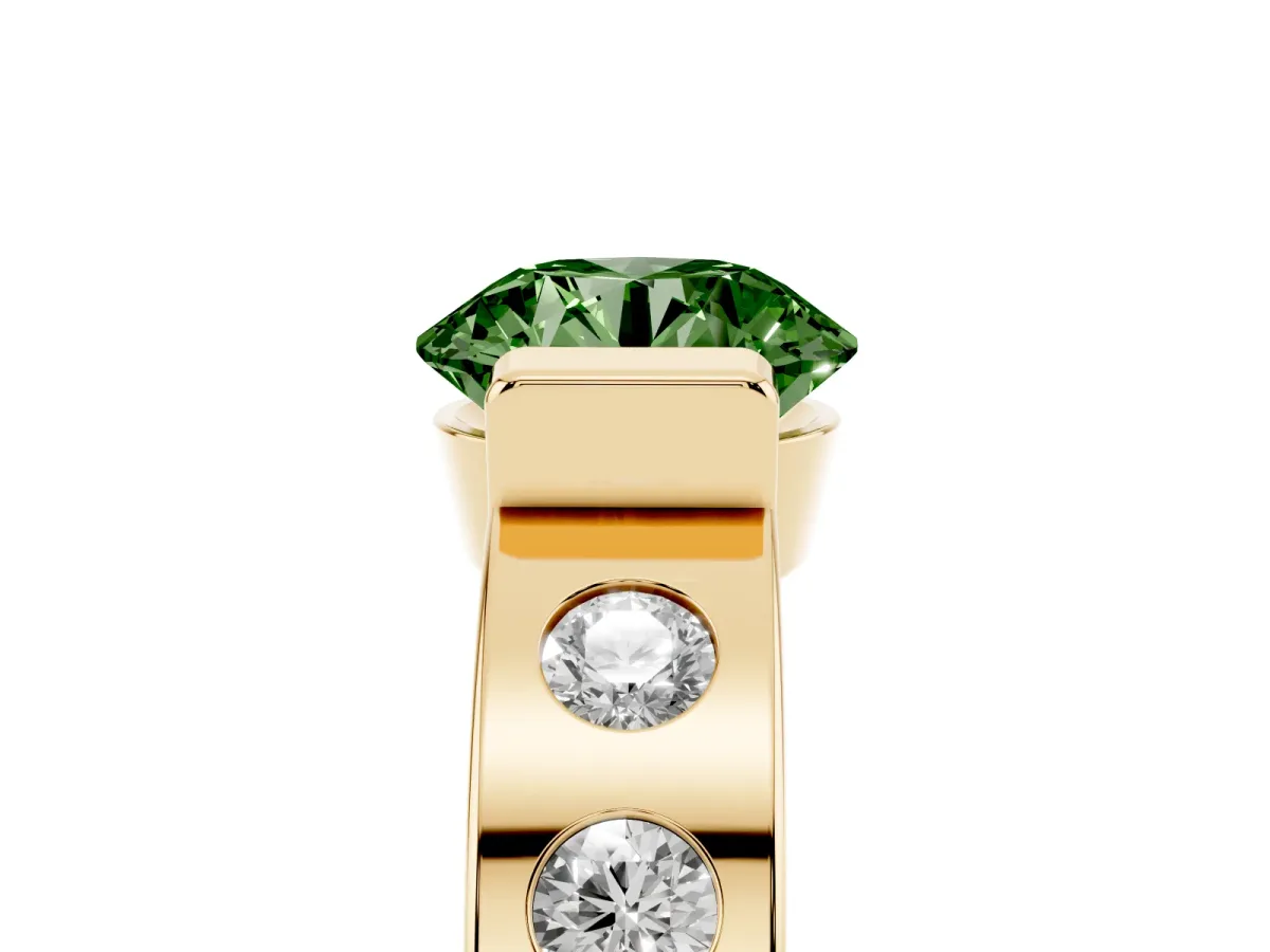 Fancy Green Round Cut Brilliant Channel-Set Diamond Ring with Bezel Prong Setting Yellow gold