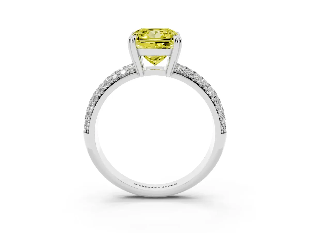 Fancy Yellow Princess Cut Diamond Solitaire Ring with Multi-Row Round Pavé Band and Prong Setting Silver