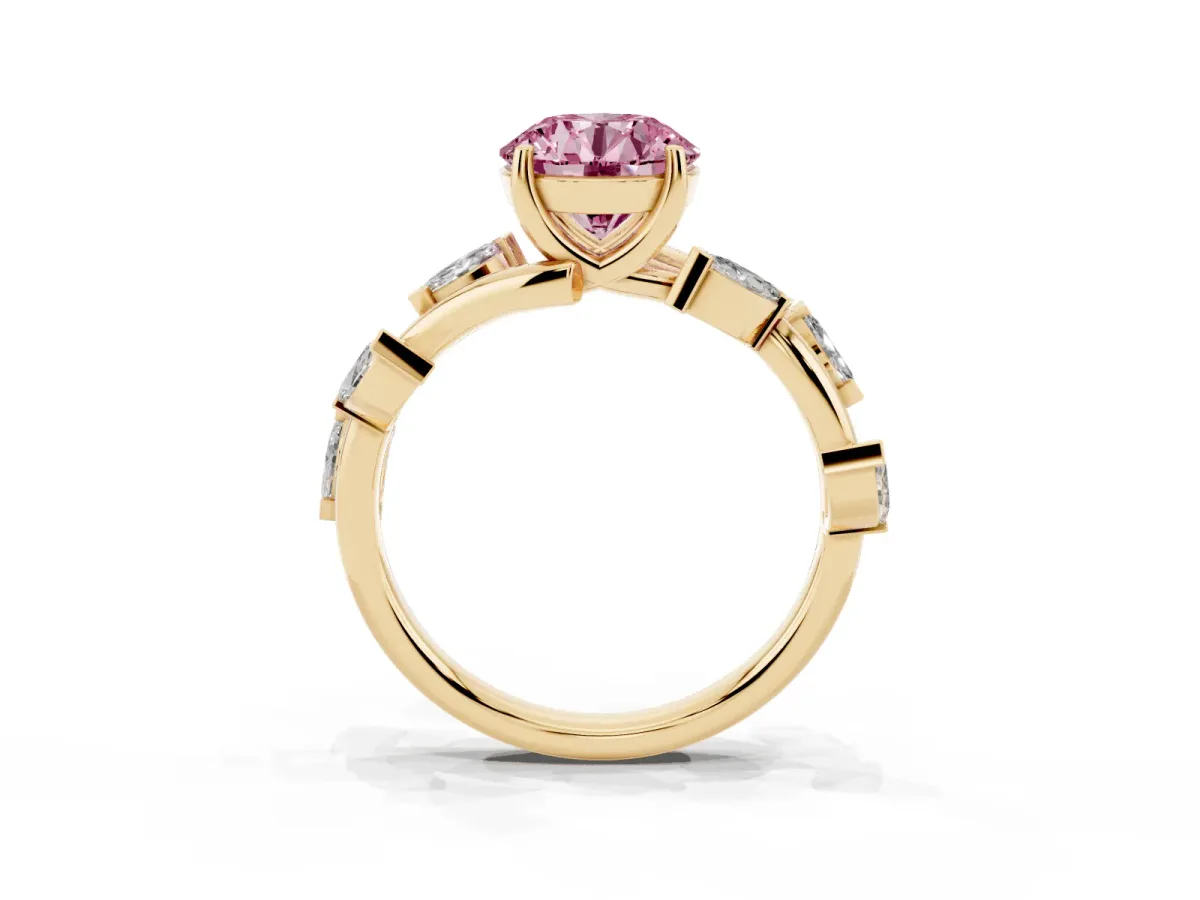 Fancy Pink Round Cut Solitaire Twisted Band Marquise Accent Prong Setting Ring Yellow gold