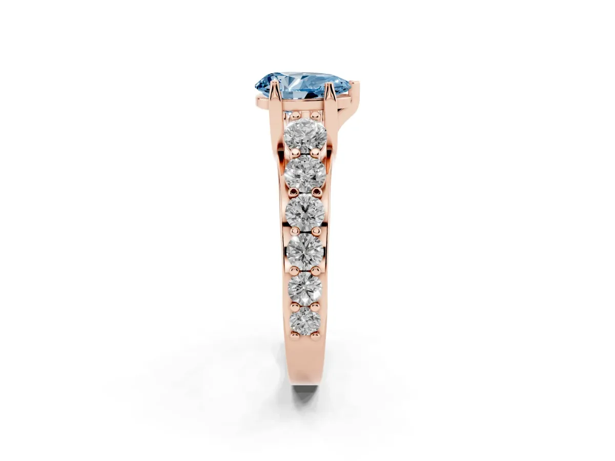 Fancy Blue Pear Cut Diamond Engagement Ring with Pavé Band and Four-Prong Setting Rose gold