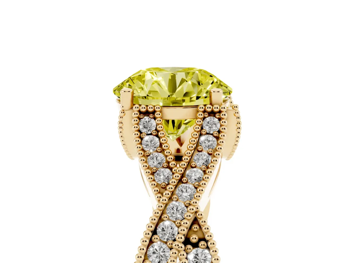 Fancy Yellow Round Cut Cut Diamond Twisted Band with Milgrain Pave Setting and Four-Prong Setting Yellow gold