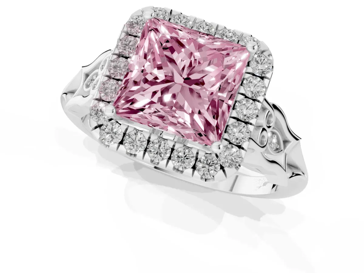 Fancy Pink Princess Cut Halo Diamond Engagement Ring with Filigree Band and Four-Prong Setting Platinum